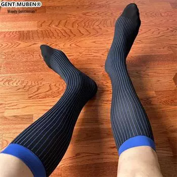 Мужские деловые носки из нейлона в синюю полоску - средней длины, формальный стиль One Size синий