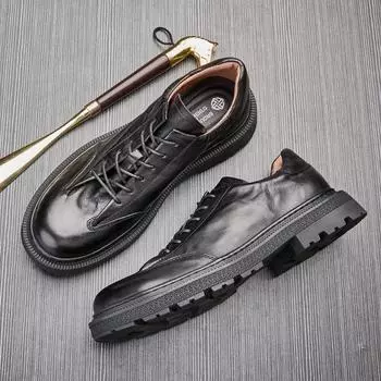 Мужские деловые повседневные кожаные туфли на шнуровке, кожаные туфли на платформе, модные универсальные зеленые туфли из коровьей кожи для мужчин 38 чёрный