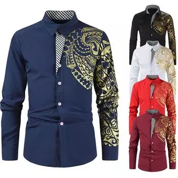 Мужские деловые рубашки Мужская классическая рубашка Повседневная уличная одежда Черная золотая печать Рубашка с принтом Дизайн отложной воротник Мужские топы M чёрный