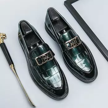 Мужские деловые туфли из лакированной кожи с каменным узором, мужские туфли-лоферы без застежек, с круглым носком, свадебные туфли для вечеринок, размер 38-45, мужские туфли на плоской подошве 6 чёрный