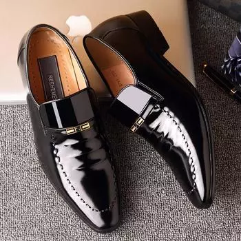 Мужские деловые туфли с острым носком из кожи, британские свадебные туфли из лакированной кожи 43 чёрный