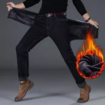 Мужские деловые утолщенные джинсовые фирменные брюки зимние теплые облегающие джинсы 40 чёрный