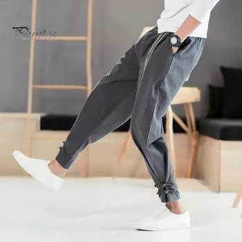 Мужские девятые брюки на шнурке с эластичной резинкой на талии, сплошной цвет, тонкие винтажные спортивные брюки в китайском стиле, большие размеры, спортивные брюки с ремешком на щиколотке, повседневные повседневные шаровары M серый