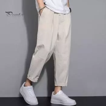 Мужские девятые брюки с тонкими боковыми карманами на шнурке и эластичной резинкой на талии в японском стиле с широкими штанинами, сплошной цвет в стиле ретро, спортивные штаны для тренировок в тренажерном зале, длинные брюки M чёрный