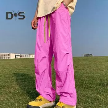 Мужские длинные брюки ярких цветов, быстросохнущие эластичные повседневные брюки с завязками на талии, широкие брюки с карманами, плиссированные повседневные брюки большого размера 3XL розовый