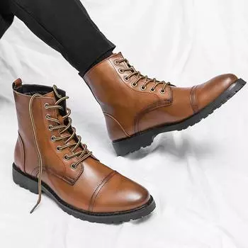 Мужские длинные кожаные ботинки со шнуровкой, деловые байкерские ботинки, дизайнерская кожаная обувь, повседневные кожаные ботинки с высоким берцем, ботинки для байкеров 38 чёрный