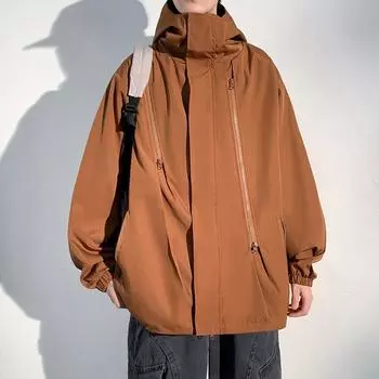 Мужские дождевики повседневные водонепроницаемые куртки с капюшоном легкие карманы на молнии для бега походов скалолазания M чёрный