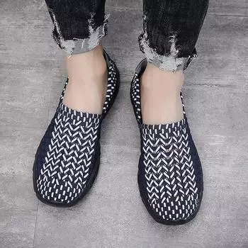 Мужские дышащие кроссовки Slip-on, мужские летние плетеные пляжные ленивые туфли ручной работы, повседневные плетеные туфли на плоской подошве, большой размер 39 синий