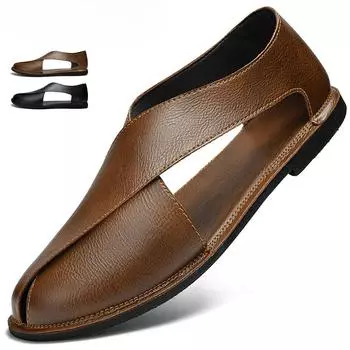 Мужские дышащие повседневные кожаные сандалии для отдыха на природе, мужские туфли на плоской подошве с открытым носком, противоскользящие пляжные сандалии, универсальная мужская летняя обувь 39 чёрный