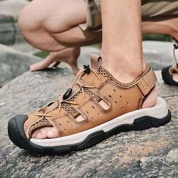 Мужские дышащие сандалии из натуральной кожи для активного отдыха, повседневная пляжная обувь, мужские мокасины, большой размер 46, летние новые роскошные сандалии 38 чёрный