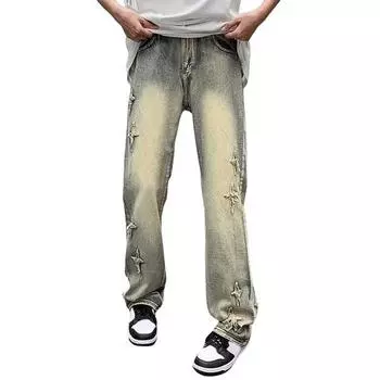 Мужские джинсовые брюки градиентного цвета, джинсы с застежкой-молнией на пуговицах, легкие расклешенные брюки, широкие брюки с перекрестным узором M жёлтый