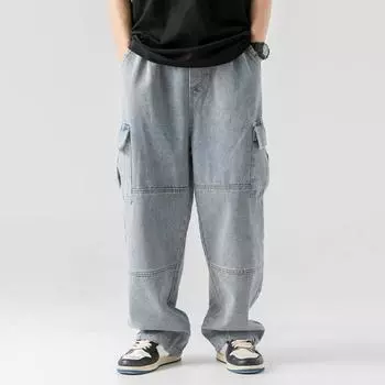 Мужские джинсовые брюки, регулируемые, с завязками, из выстиранной ткани, с карманами, свободные, однотонные M чёрный