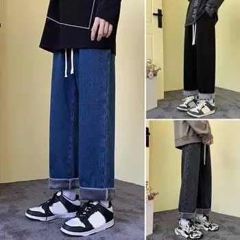 Мужские джинсовые брюки с эластичной талией, регулируемые на шнурке, прямые, широкие джинсы, осенне-зимние, термоизоляционные, с бархатной подкладкой M серый