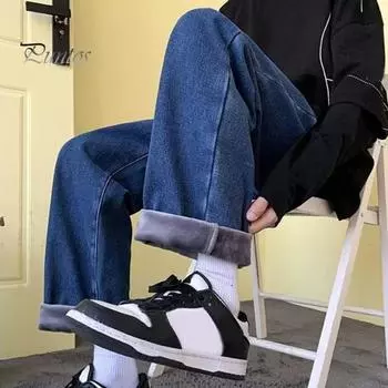 Мужские джинсовые брюки с эластичной талией, регулируемые на шнурке, прямые, широкие джинсы, осенне-зимние, термоизоляционные, с бархатной подкладкой M серый