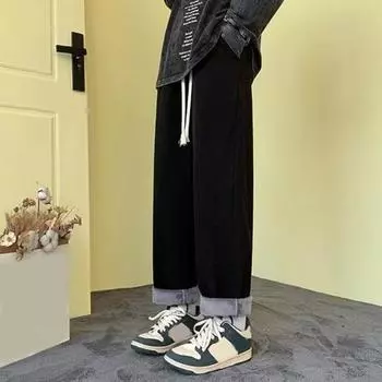 Мужские джинсовые брюки с эластичной талией, регулируемые на шнурке, прямые, широкие джинсы, осень M чёрный