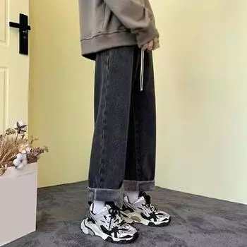 Мужские джинсовые брюки с эластичной талией, регулируемые на шнурке, прямые, широкие джинсы, осенне-зимние, термоизоляционные, с бархатной подкладкой M серый