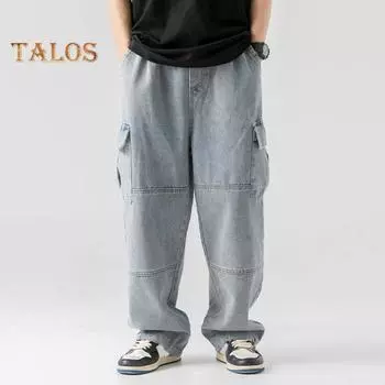 Мужские джинсовые брюки с регулируемым дизайном на шнурке, брюки из потертой ткани с карманами, свободные однотонные джинсы M синий