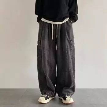 Мужские джинсовые брюки с регулируемым дизайном на шнурке, брюки из потертой ткани с карманами, свободные однотонные джинсы M чёрный
