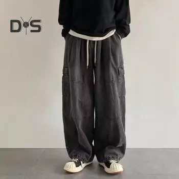 Мужские джинсовые брюки с регулируемым дизайном на шнурке, брюки из потертой ткани с карманами, свободные однотонные джинсы M чёрный