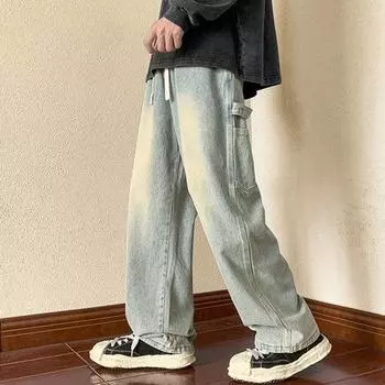 Мужские джинсовые брюки со средней посадкой и эластичной резинкой на талии, джинсы-карго с несколькими карманами, прямые широкие брюки L коричневый