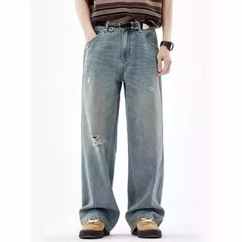 Мужские джинсовые брюки, стирающиеся, модные, свободные, прямые, повседневные, широкие джинсы, лето 40 синий