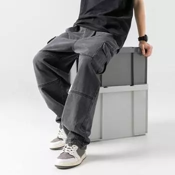 Мужские джинсовые брюки Yousheng, регулируемые, с завязками, из выстиранной ткани, с карманами, свободные однотонные джинсы M синий