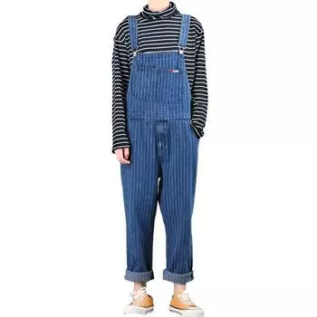 Мужские джинсовые комбинезоны, японские джинсы в полоску в стиле ретро, мужские прямые свободные комбинезоны, подтяжки, корейская версия комбинезона S синий
