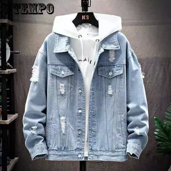 Мужские джинсовые куртки с капюшоном Синяя ковбойская верхняя одежда Джинсовые пальто Большие карманы Мужская джинсовая куртка больших размеров M