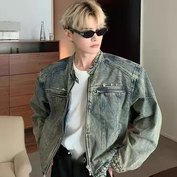 Мужские джинсовые куртки в американском стиле, пальто на молнии в стиле High Street, винтажная потертая ковбойская куртка, весенняя повседневная уличная одежда S чёрный