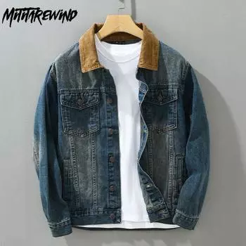 Мужские джинсовые куртки в американском стиле в стиле ретро, уличные, с воротником-карго, с лацканами, в стиле пэчворк, дизайнерское джинсовое пальто, повседневная куртка на пуговицах на весну и осень M синий