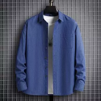 Мужские джинсовые рубашки из 100% хлопка с длинным рукавом, мягкие мужские джинсовые рубашки стандартной посадки, деловая повседневная однотонная однотонная рубашка с карманами S