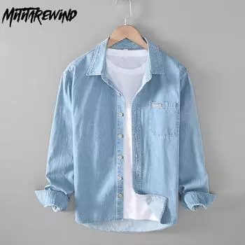 Мужские джинсовые рубашки с длинным рукавом в корейском стиле, весна-осень, повседневная джинсовая рубашка из чистого хлопка с карманом, классическая модная верхняя рубашка M синий