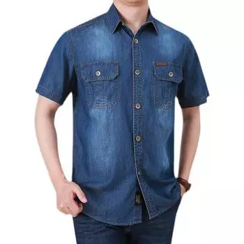 Мужские джинсовые рубашки с несколькими карманами, летние рубашки с коротким рукавом, синие джинсовые рубашки, мужские повседневные рубашки из хлопка, размер 5XL XXXXXL светло-синий