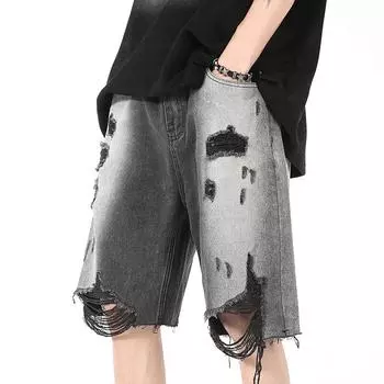 Мужские джинсовые шорты, летние тонкие прямые капри, модный бренд для активного отдыха, потертые кисточки, свободные повседневные брюки для нищих M