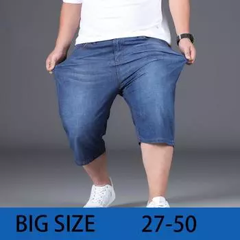 Мужские джинсовые шорты Мужские брюки с эластичной резинкой на талии Пятиточечные брюки До колена Свободные шорты больших размеров Голубые прямые шорты больших размеров 40