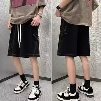 Мужские джинсовые шорты с эластичной талией и регулируемой талией, широкие джинсы большого размера, короткие шорты до колена с завязками и звездочкой с кисточкой по краям L зелёный