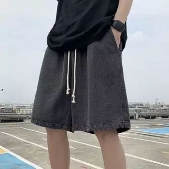 Мужские джинсовые шорты с эластичным поясом, регулируемые повседневные шорты, широкие свободные шорты с завязками на ногах, тонкие потертые шорты M светло-синий