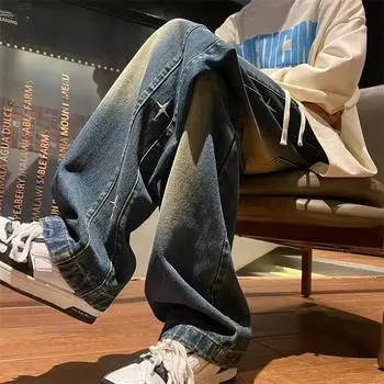 Мужские джинсы 2024 года в стиле ретро с потертостями и вышивкой S чёрный