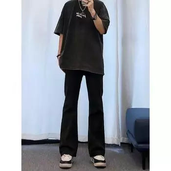 Мужские джинсы 2024, новинка весны и лета, американские прямые тонкие черные свободные повседневные брюки с микро-клеш, большой размер S-3XL S чёрный