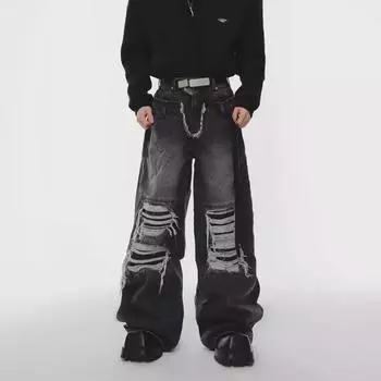 Мужские джинсы American Retro с двойной талией и рваными нашивками — прямые, свободные брюки M [Recommended for 40-50 kg]