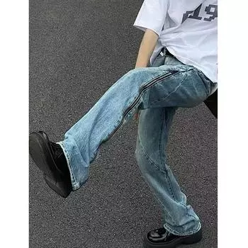 Мужские джинсы, американские ретро-стираные потертые рабочие джинсы с несколькими карманами, мужские и женские свободные прямые повседневные брюки, модные S синий