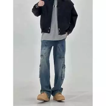 Мужские джинсы, американские ретро-стираные потертые рабочие джинсы с несколькими карманами, мужские и женские свободные прямые повседневные брюки, модные S синий