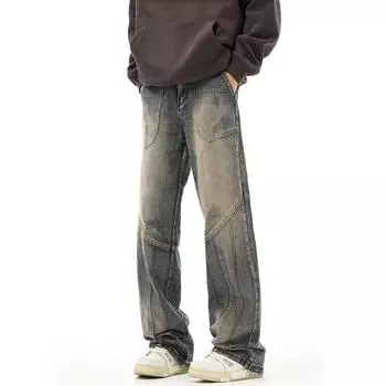 Мужские джинсы, американские ретро-стираные потертые рабочие джинсы с несколькими карманами, мужские и женские свободные прямые повседневные брюки, модные S синий