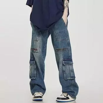 Мужские джинсы, американские ретро-стираные потертые рабочие джинсы с несколькими карманами, мужские и женские свободные прямые повседневные брюки, модные S синий