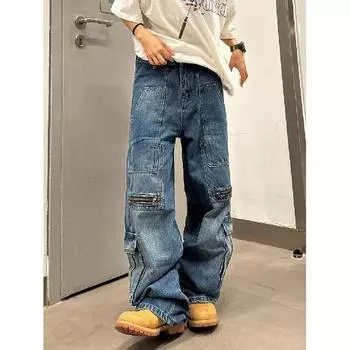 Мужские джинсы, американские ретро-стираные потертые рабочие джинсы с несколькими карманами, мужские и женские свободные прямые повседневные брюки, модные S синий