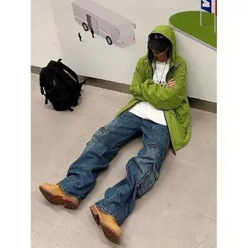 Мужские джинсы, американские ретро-стираные потертые рабочие джинсы с несколькими карманами, мужские и женские свободные прямые повседневные брюки, модные S синий