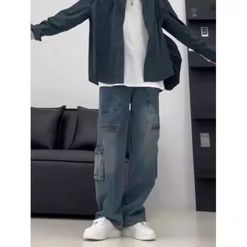 Мужские джинсы, американские ретро-стираные потертые рабочие джинсы с несколькими карманами, мужские и женские свободные прямые повседневные брюки, модные S синий