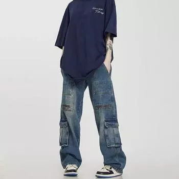 Мужские джинсы, американские ретро-стираные потертые рабочие джинсы с несколькими карманами, мужские и женские свободные прямые повседневные брюки, модные S синий