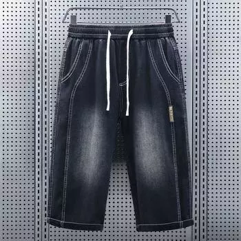 Мужские джинсы больших размеров, эластичные, свободные, с карманами, прямые, с завязками на коленях, бриджи, семь шорт 4XL