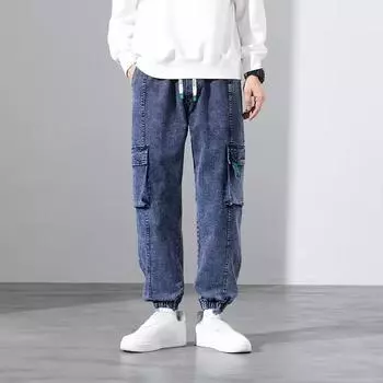 Мужские джинсы больших размеров, свободные джоггеры, уличные джинсы-шаровары, брюки-карго, джинсовые брюки длиной до щиколотки 8XL чёрный